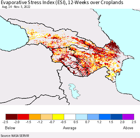 Azerbaijan, Armenia and Georgia Evaporative Stress Index (ESI), 12-Weeks over Croplands Thematic Map For 10/31/2022 - 11/6/2022