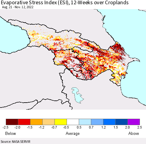 Azerbaijan, Armenia and Georgia Evaporative Stress Index (ESI), 12-Weeks over Croplands Thematic Map For 11/7/2022 - 11/13/2022