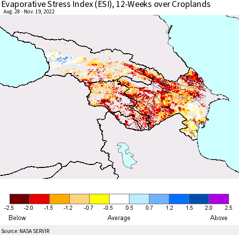 Azerbaijan, Armenia and Georgia Evaporative Stress Index (ESI), 12-Weeks over Croplands Thematic Map For 11/14/2022 - 11/20/2022