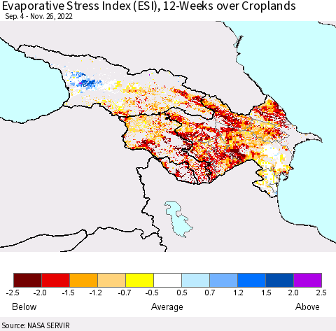 Azerbaijan, Armenia and Georgia Evaporative Stress Index (ESI), 12-Weeks over Croplands Thematic Map For 11/21/2022 - 11/27/2022