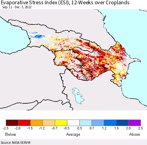 Azerbaijan, Armenia and Georgia Evaporative Stress Index (ESI), 12-Weeks over Croplands Thematic Map For 11/28/2022 - 12/4/2022