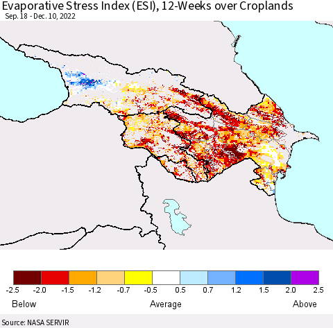 Azerbaijan, Armenia and Georgia Evaporative Stress Index (ESI), 12-Weeks over Croplands Thematic Map For 12/5/2022 - 12/11/2022