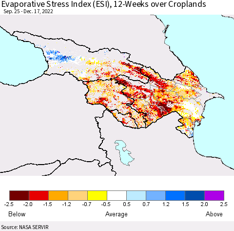 Azerbaijan, Armenia and Georgia Evaporative Stress Index (ESI), 12-Weeks over Croplands Thematic Map For 12/12/2022 - 12/18/2022