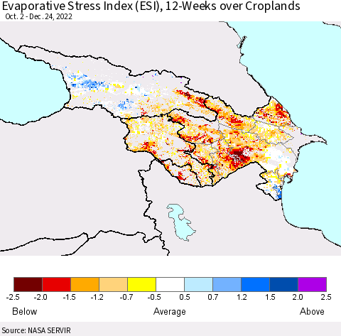 Azerbaijan, Armenia and Georgia Evaporative Stress Index (ESI), 12-Weeks over Croplands Thematic Map For 12/19/2022 - 12/25/2022