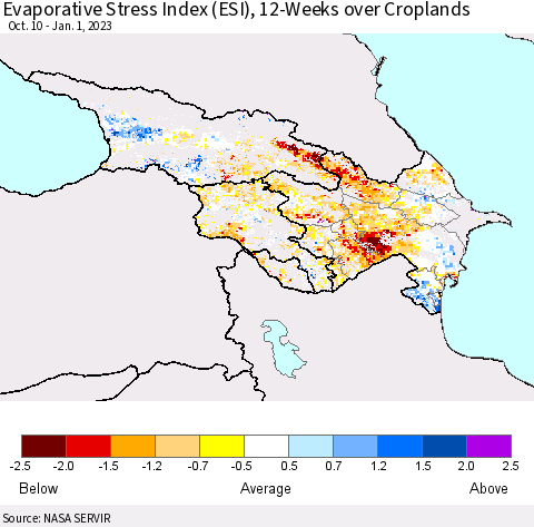 Azerbaijan, Armenia and Georgia Evaporative Stress Index (ESI), 12-Weeks over Croplands Thematic Map For 12/26/2022 - 1/1/2023
