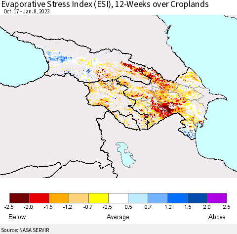 Azerbaijan, Armenia and Georgia Evaporative Stress Index (ESI), 12-Weeks over Croplands Thematic Map For 1/2/2023 - 1/8/2023