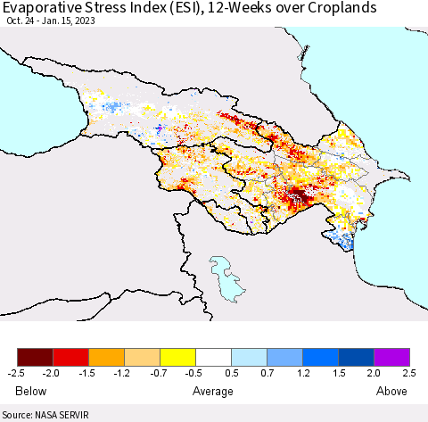 Azerbaijan, Armenia and Georgia Evaporative Stress Index (ESI), 12-Weeks over Croplands Thematic Map For 1/9/2023 - 1/15/2023