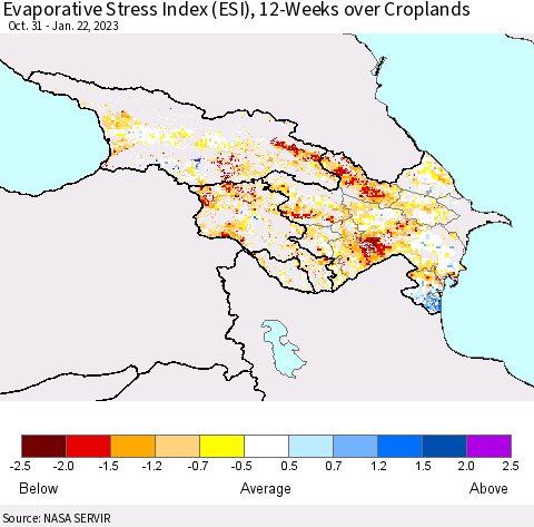 Azerbaijan, Armenia and Georgia Evaporative Stress Index (ESI), 12-Weeks over Croplands Thematic Map For 1/16/2023 - 1/22/2023