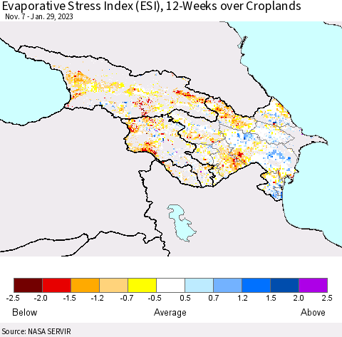 Azerbaijan, Armenia and Georgia Evaporative Stress Index (ESI), 12-Weeks over Croplands Thematic Map For 1/23/2023 - 1/29/2023