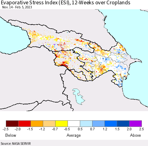 Azerbaijan, Armenia and Georgia Evaporative Stress Index (ESI), 12-Weeks over Croplands Thematic Map For 1/30/2023 - 2/5/2023
