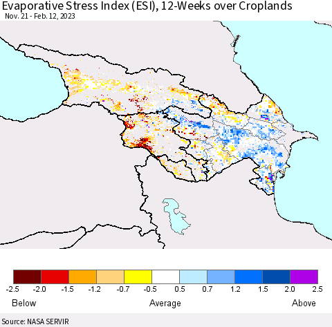 Azerbaijan, Armenia and Georgia Evaporative Stress Index (ESI), 12-Weeks over Croplands Thematic Map For 2/6/2023 - 2/12/2023