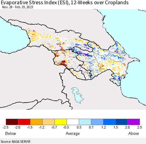 Azerbaijan, Armenia and Georgia Evaporative Stress Index (ESI), 12-Weeks over Croplands Thematic Map For 2/13/2023 - 2/19/2023