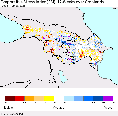Azerbaijan, Armenia and Georgia Evaporative Stress Index (ESI), 12-Weeks over Croplands Thematic Map For 2/20/2023 - 2/26/2023