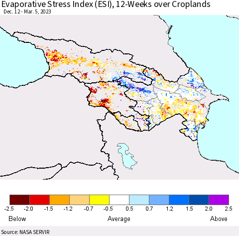 Azerbaijan, Armenia and Georgia Evaporative Stress Index (ESI), 12-Weeks over Croplands Thematic Map For 2/27/2023 - 3/5/2023