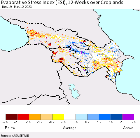 Azerbaijan, Armenia and Georgia Evaporative Stress Index (ESI), 12-Weeks over Croplands Thematic Map For 3/6/2023 - 3/12/2023