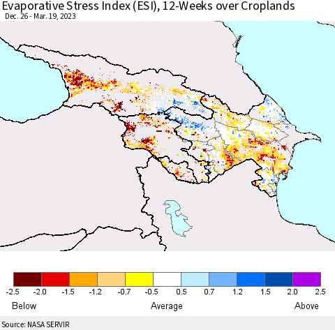 Azerbaijan, Armenia and Georgia Evaporative Stress Index (ESI), 12-Weeks over Croplands Thematic Map For 3/13/2023 - 3/19/2023