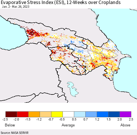 Azerbaijan, Armenia and Georgia Evaporative Stress Index (ESI), 12-Weeks over Croplands Thematic Map For 3/20/2023 - 3/26/2023