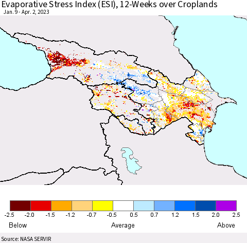 Azerbaijan, Armenia and Georgia Evaporative Stress Index (ESI), 12-Weeks over Croplands Thematic Map For 3/27/2023 - 4/2/2023