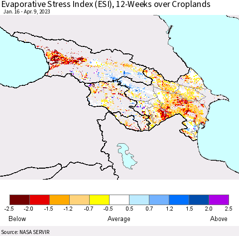 Azerbaijan, Armenia and Georgia Evaporative Stress Index (ESI), 12-Weeks over Croplands Thematic Map For 4/3/2023 - 4/9/2023