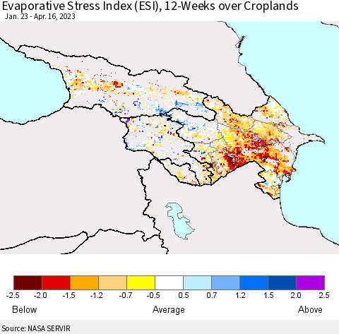 Azerbaijan, Armenia and Georgia Evaporative Stress Index (ESI), 12-Weeks over Croplands Thematic Map For 4/10/2023 - 4/16/2023