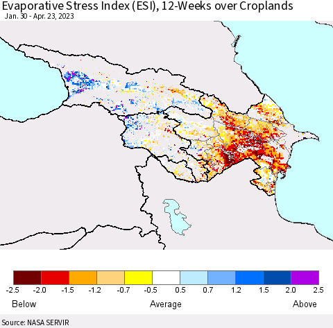 Azerbaijan, Armenia and Georgia Evaporative Stress Index (ESI), 12-Weeks over Croplands Thematic Map For 4/17/2023 - 4/23/2023