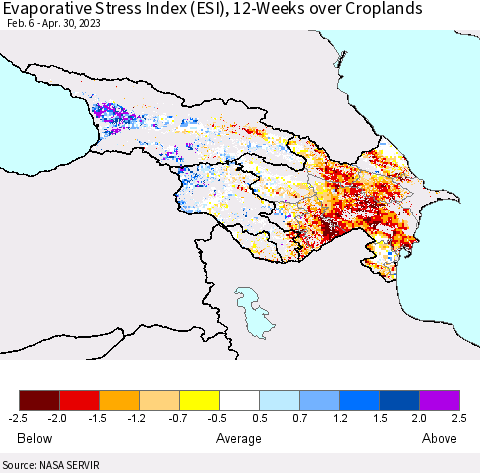 Azerbaijan, Armenia and Georgia Evaporative Stress Index (ESI), 12-Weeks over Croplands Thematic Map For 4/24/2023 - 4/30/2023