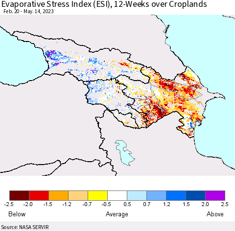 Azerbaijan, Armenia and Georgia Evaporative Stress Index (ESI), 12-Weeks over Croplands Thematic Map For 5/8/2023 - 5/14/2023