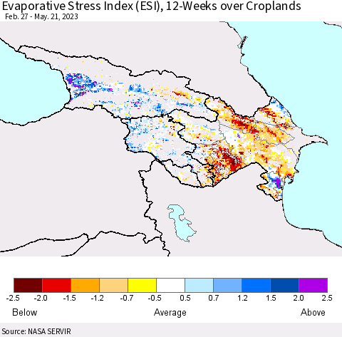 Azerbaijan, Armenia and Georgia Evaporative Stress Index (ESI), 12-Weeks over Croplands Thematic Map For 5/15/2023 - 5/21/2023