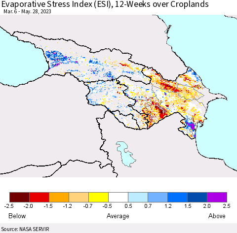 Azerbaijan, Armenia and Georgia Evaporative Stress Index (ESI), 12-Weeks over Croplands Thematic Map For 5/22/2023 - 5/28/2023