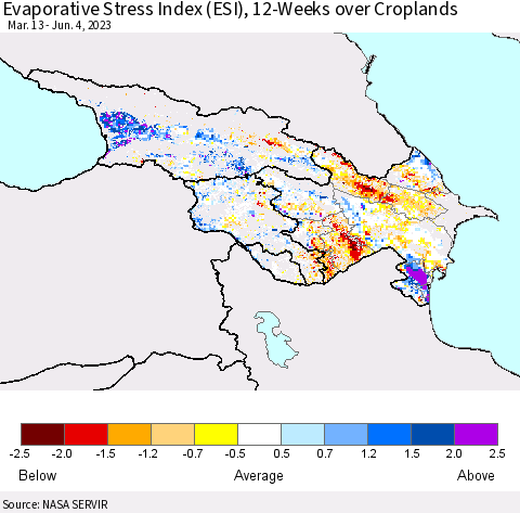 Azerbaijan, Armenia and Georgia Evaporative Stress Index (ESI), 12-Weeks over Croplands Thematic Map For 5/29/2023 - 6/4/2023