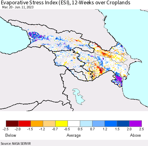 Azerbaijan, Armenia and Georgia Evaporative Stress Index (ESI), 12-Weeks over Croplands Thematic Map For 6/5/2023 - 6/11/2023