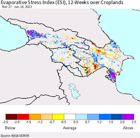 Azerbaijan, Armenia and Georgia Evaporative Stress Index (ESI), 12-Weeks over Croplands Thematic Map For 6/12/2023 - 6/18/2023