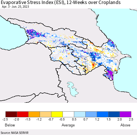 Azerbaijan, Armenia and Georgia Evaporative Stress Index (ESI), 12-Weeks over Croplands Thematic Map For 6/19/2023 - 6/25/2023