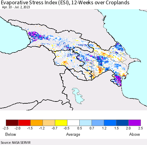 Azerbaijan, Armenia and Georgia Evaporative Stress Index (ESI), 12-Weeks over Croplands Thematic Map For 6/26/2023 - 7/2/2023