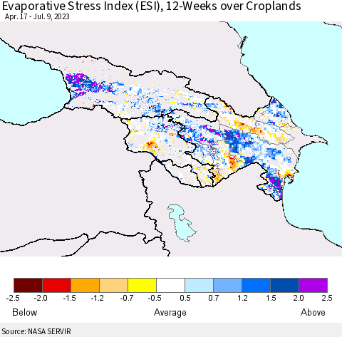 Azerbaijan, Armenia and Georgia Evaporative Stress Index (ESI), 12-Weeks over Croplands Thematic Map For 7/3/2023 - 7/9/2023