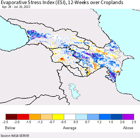Azerbaijan, Armenia and Georgia Evaporative Stress Index (ESI), 12-Weeks over Croplands Thematic Map For 7/10/2023 - 7/16/2023