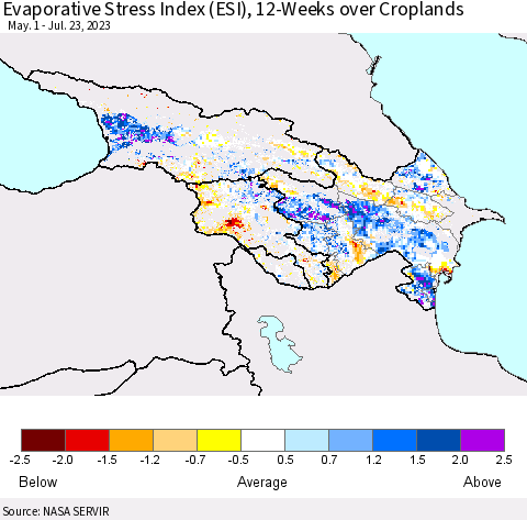Azerbaijan, Armenia and Georgia Evaporative Stress Index (ESI), 12-Weeks over Croplands Thematic Map For 7/17/2023 - 7/23/2023