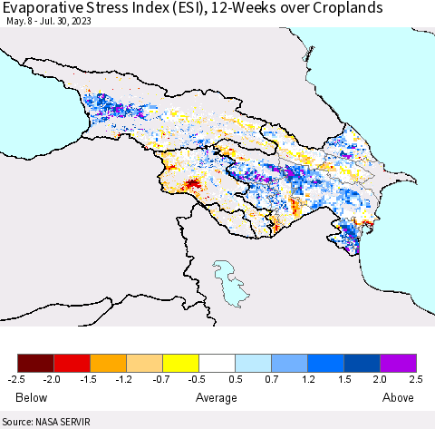 Azerbaijan, Armenia and Georgia Evaporative Stress Index (ESI), 12-Weeks over Croplands Thematic Map For 7/24/2023 - 7/30/2023