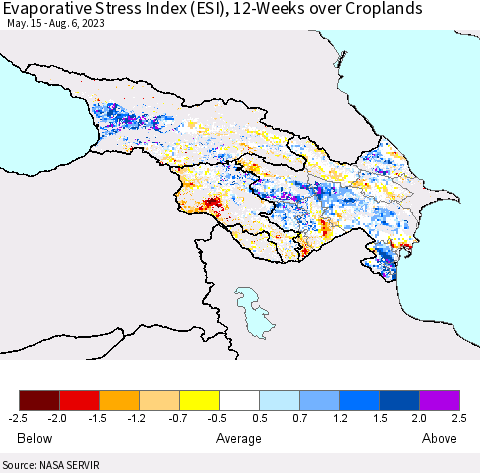 Azerbaijan, Armenia and Georgia Evaporative Stress Index (ESI), 12-Weeks over Croplands Thematic Map For 7/31/2023 - 8/6/2023