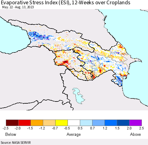 Azerbaijan, Armenia and Georgia Evaporative Stress Index (ESI), 12-Weeks over Croplands Thematic Map For 8/7/2023 - 8/13/2023