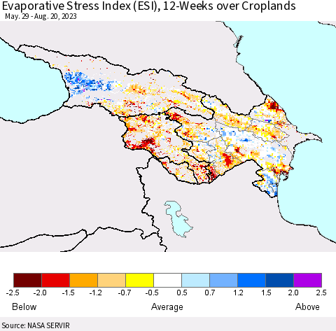 Azerbaijan, Armenia and Georgia Evaporative Stress Index (ESI), 12-Weeks over Croplands Thematic Map For 8/14/2023 - 8/20/2023