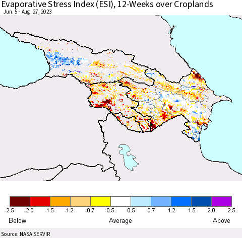 Azerbaijan, Armenia and Georgia Evaporative Stress Index (ESI), 12-Weeks over Croplands Thematic Map For 8/21/2023 - 8/27/2023
