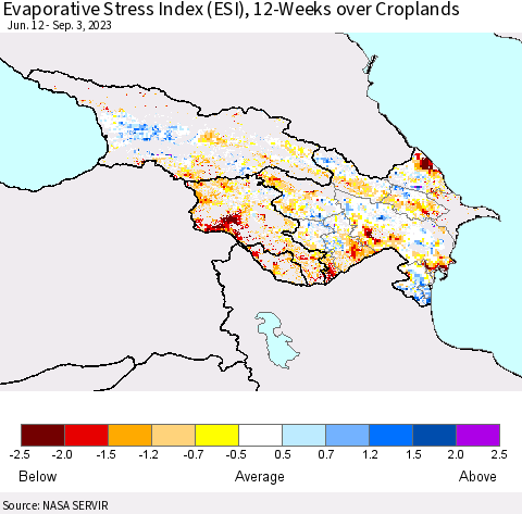 Azerbaijan, Armenia and Georgia Evaporative Stress Index (ESI), 12-Weeks over Croplands Thematic Map For 8/28/2023 - 9/3/2023