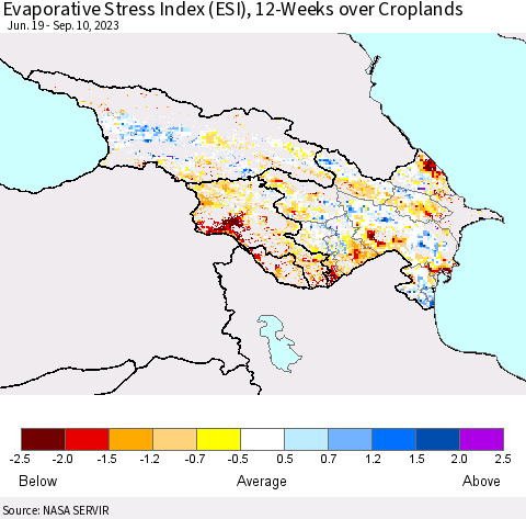 Azerbaijan, Armenia and Georgia Evaporative Stress Index (ESI), 12-Weeks over Croplands Thematic Map For 9/4/2023 - 9/10/2023