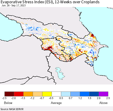Azerbaijan, Armenia and Georgia Evaporative Stress Index (ESI), 12-Weeks over Croplands Thematic Map For 9/11/2023 - 9/17/2023