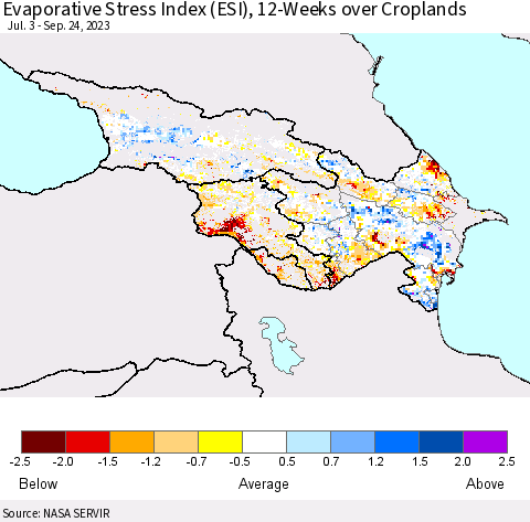 Azerbaijan, Armenia and Georgia Evaporative Stress Index (ESI), 12-Weeks over Croplands Thematic Map For 9/18/2023 - 9/24/2023