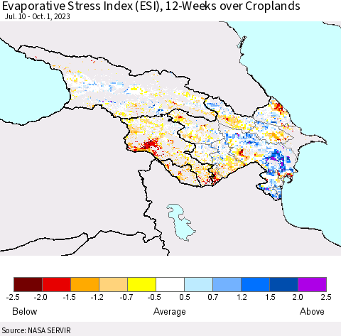 Azerbaijan, Armenia and Georgia Evaporative Stress Index (ESI), 12-Weeks over Croplands Thematic Map For 9/25/2023 - 10/1/2023