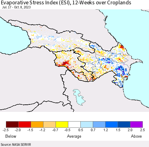 Azerbaijan, Armenia and Georgia Evaporative Stress Index (ESI), 12-Weeks over Croplands Thematic Map For 10/2/2023 - 10/8/2023