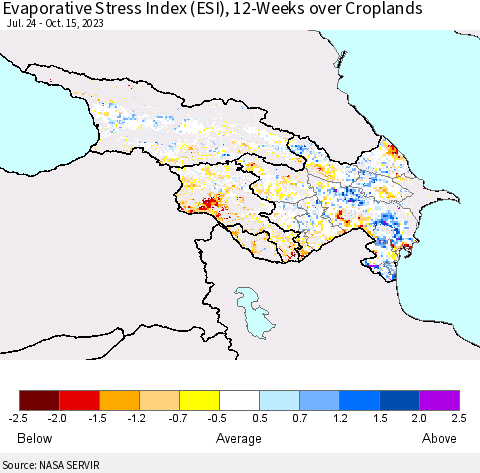 Azerbaijan, Armenia and Georgia Evaporative Stress Index (ESI), 12-Weeks over Croplands Thematic Map For 10/9/2023 - 10/15/2023