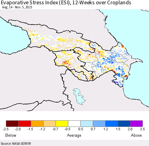 Azerbaijan, Armenia and Georgia Evaporative Stress Index (ESI), 12-Weeks over Croplands Thematic Map For 10/30/2023 - 11/5/2023